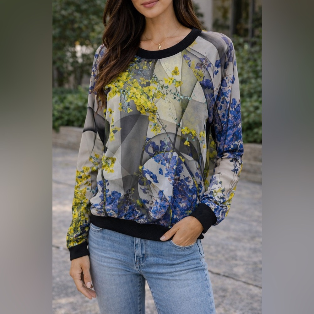 Floral Print Women's  Sheer Sweater Top Size Large Spring